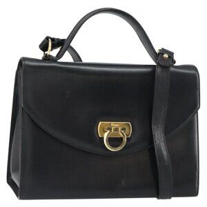Authentic Salvatore Ferragamo Gancini Shoulder Bag Leather 2way Black Gold